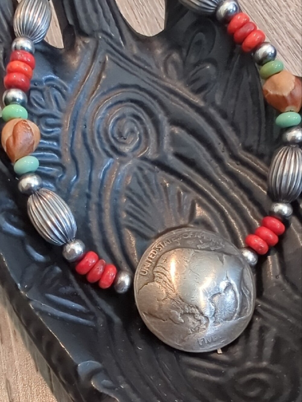 Navajo Handmade Buffalo Nickel Sterling Apple Coral Ghost Bead Bracelet - Picture 2 of 11